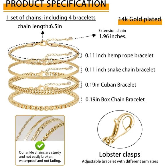 🆕 Women Gold Trendy Dainty Cross Bracelet 14k Beaded Herringbone Chain Jewelry - Picture 7 of 9